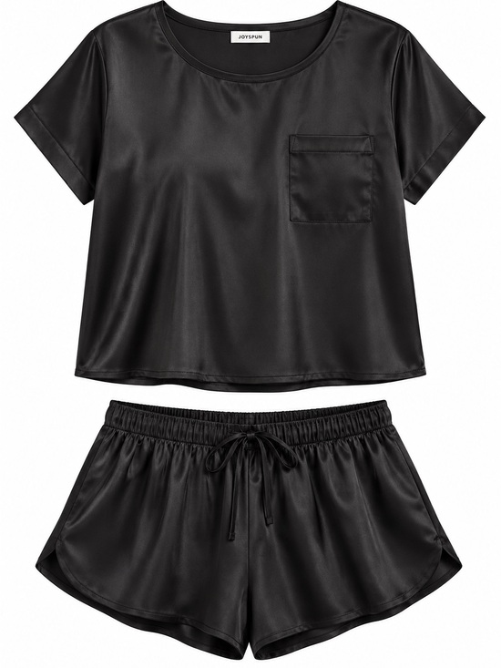 Joyspun Other - Silky Black Short Sleeve Pajama Set — Relaxed Top & Elastic Waist Shorts
